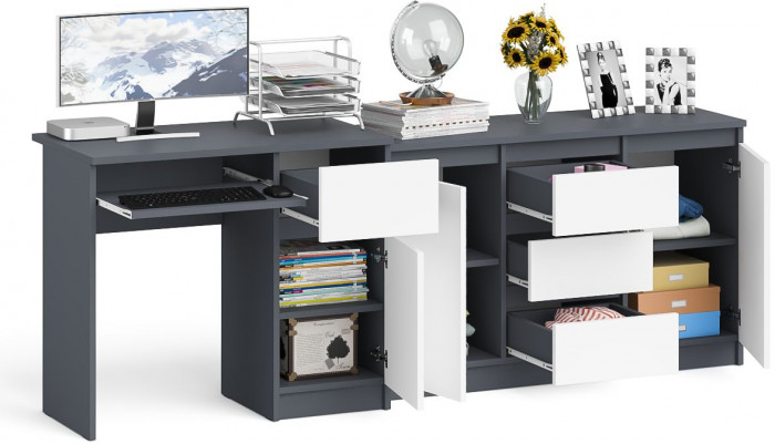 Мори Стол компьютерный МС-1 правый + Комод МК1200.3, цвет графит/белый, ШхГхВ 210,4х50х76,6 см., выдвижной ящик справа, НЕ универсальная сборка