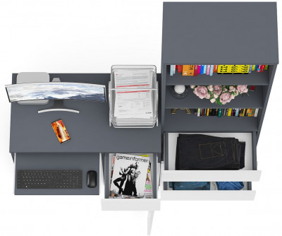 Мори Стол компьютерный МС-1 правый + Стеллаж МСТ600.3, цвет графит/белый, ШхГхВ 150,4х50х179,6 см., выдвижной ящик справа, НЕ универсальная сборка