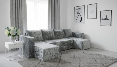 Диван-еврокнижка Лофт Люкс Плюш П-образный с 2 отоманками, 145х260, серый