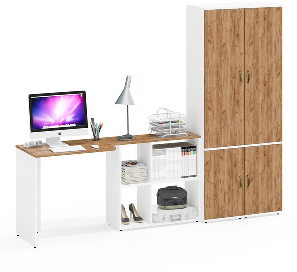 Лидер-8 Стол + Пенал МД 21Б + Пенал МД 21Б, белый шагрень/крафт золото