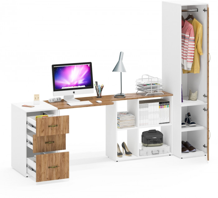 Лидер-8 Стол + Тумба МД 3.16 + Пенал МД 23Б, цвет белый шагрень/крафт золото, ШхГхВ 245х50х75/190 или 115х160/50х75/190 см., НЕ ун. сборка