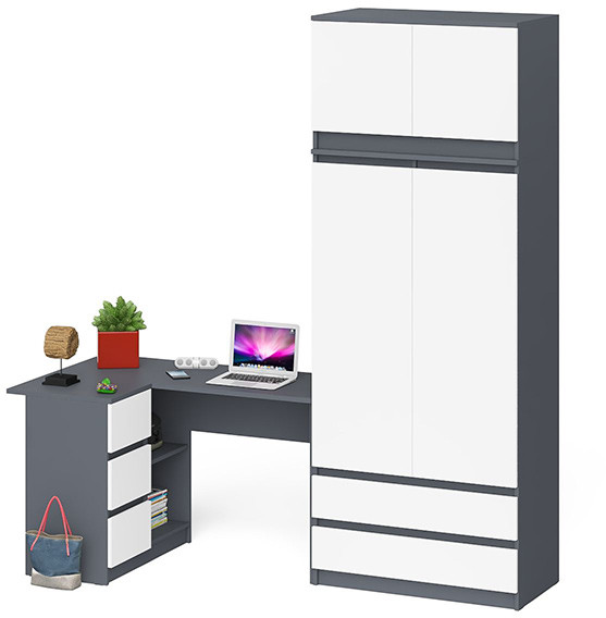 Мори Стол компьютерный МС-16 левый + Шкаф МШ900.1 + Антресоль МА900.1, цвет графит/белый, ШхГхВ 214,8х84,9х234,2 см., выдвиж. ящики слева, НЕ ун. сб.