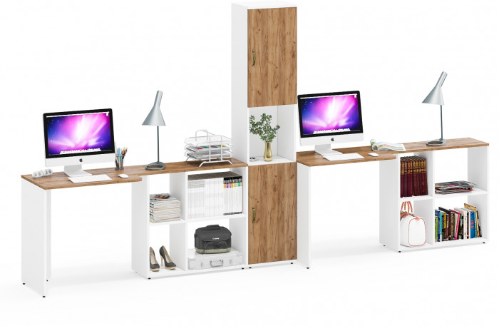 Лидер-8 Стол + Стол + Пенал, белый шагрень/крафт золото