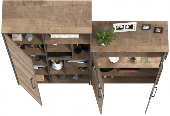 Трувор 13.206 Шкаф-стеллаж + 13.306 Комод с витриной, цвет дуб гранж песочный/интра, ШхГхВ 178,8х37х194,2 см., универсальная сборка