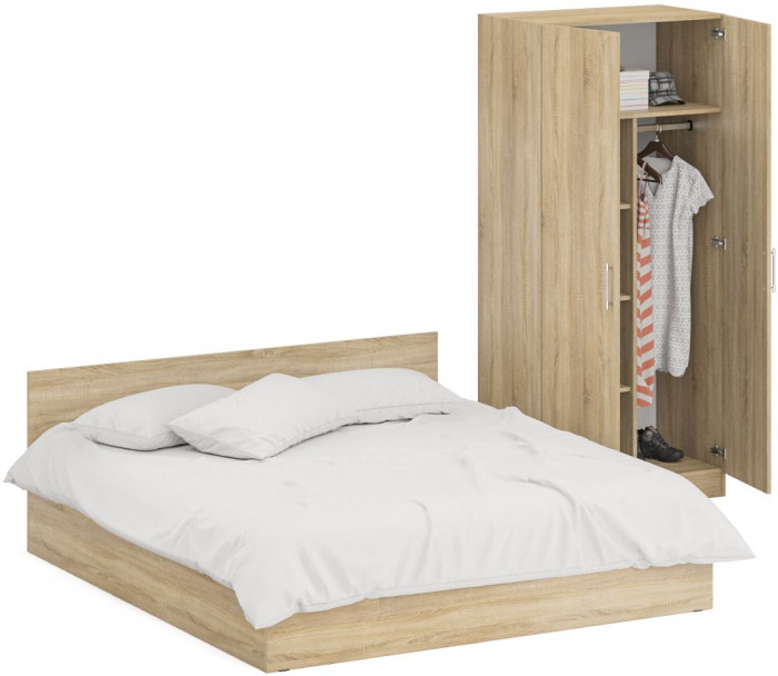 Кровать 1800 + Шкаф 2-х створчатый Стандарт, цвет дуб сонома, ШхГхВ 183,5х203,5х70 + 90х52х200 см., сп.м. 1800х2000 мм., без матраса, основание есть