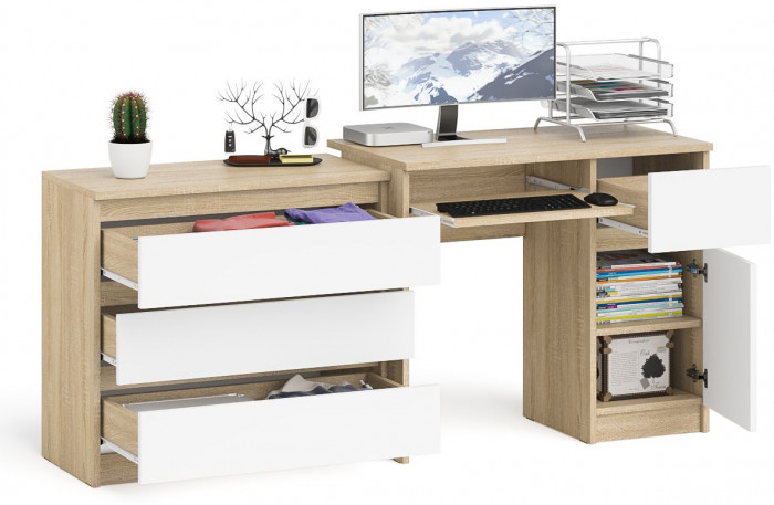 Мори компьютерный стол МС-1 правый + Комод МК800.1, дуб сонома/белый