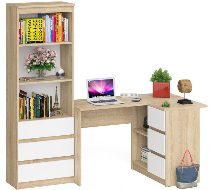 Мори компьютерный стол МС-16 правый + Стеллаж МСТ600.3, дуб сонома/белый