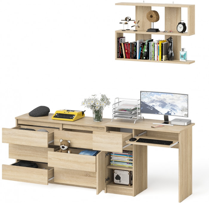 Мори Стол компьютерный МС-1 левый + Комод МК1200.6 + Полка 900, цвет дуб сонома, ШхГхВ 210,4х50х209,6 см., НЕ универсальная сборка