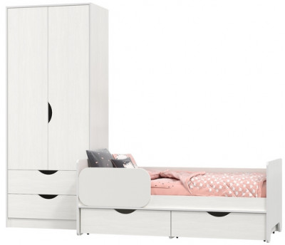 КР100 Уна 11.22 Кровать с ящиками + 13.327 Шкаф для одежды, цвет белый(структура Поры дерева), сп. м. 800х1600 мм., б/м, основание есть