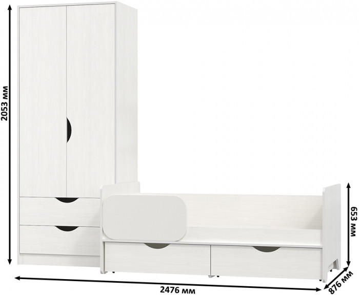 КР100 Уна 11.22 Кровать с ящиками + 13.327 Шкаф для одежды, цвет белый(структура Поры дерева), сп. м. 800х1600 мм., б/м, основание есть