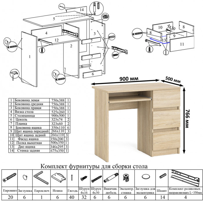 Мори Стол компьютерный МС-6 правый + Комод МК1200.8, цвет дуб сонома, ШхГхВ 210,4х50х94 см., выдвижные ящики справа, НЕ универсальная сборка