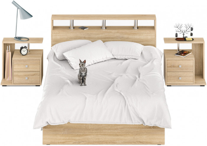 Камелия Кровать с ящиками 1400 + две тумбы, дуб сонома