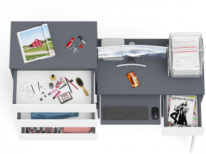 Мори компьютерный стол МС-1 правый + Комод МК700.5, графит/белый