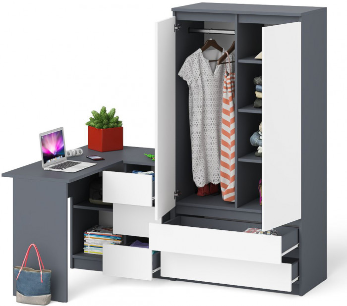 Мори компьютерный стол МС-16 правый + Шкаф МШ900.1, графит/белый