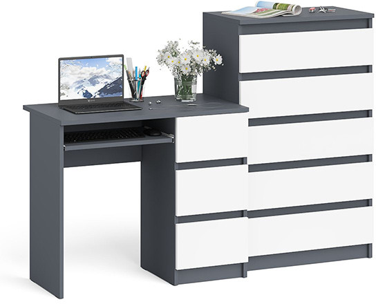 Мори компьютерный стол МС-6 правый + Комод МК700.5, графит/белый