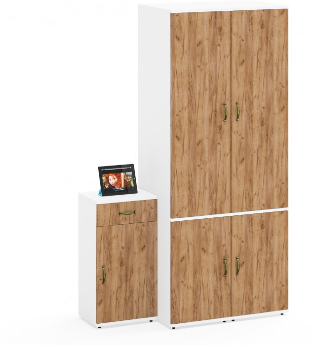 Лидер-8 Пенал МД 23Б + Пенал МД 23Б + Тумба МД 3.15, цвет белый шагрень/крафт золото, ШхГхВ 120х50х190 см., универсальная сборка