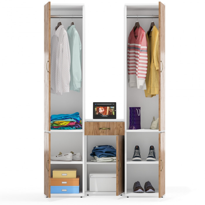 Лидер-8 Пенал МД 23Б + Пенал МД 23Б + Тумба МД 3.15, цвет белый шагрень/крафт золото, ШхГхВ 120х50х190 см., универсальная сборка