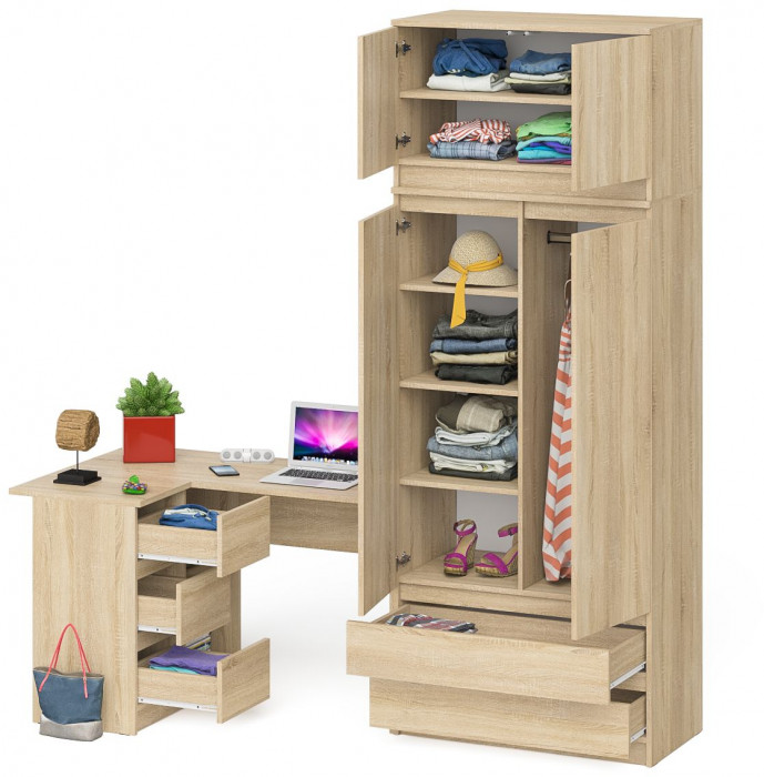 Мори Стол компьютерный МС-16 левый + Шкаф МШ900.1 + Антресоль МА900.1, цвет дуб сонома, ШхГхВ 214,8х84,9х234,2 см., выдвиж. ящики слева, НЕ ун. сб.