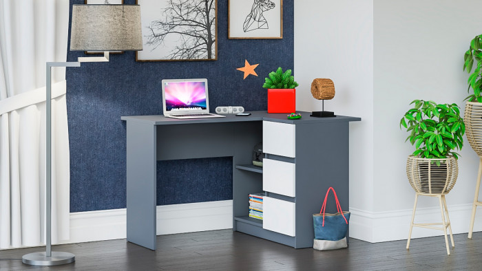 Мори Стол компьютерный МС-16 правый, цвет графит/белый, ШхГхВ 124,4х84,9х76,6 см., выдвижные ящики справа, НЕ универсальная сборка