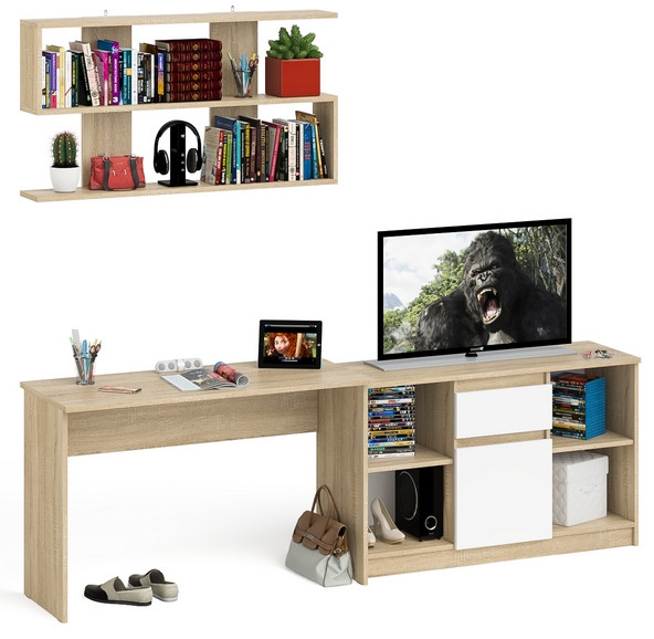 Мори Стол письменный МСП1200.1 + Тумба МТВ1204.1 + Полка 1200, цвет дуб сонома/белый, ШхГхВ 240,8х50х209,6 см., универсальная сборка