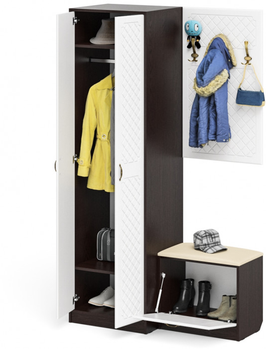 Прихожая П-6 Компоновка № 12, цвет венге/фасады МДФ белое дерево фрезеровка ромб, ШхГхВ 120х50х210 см., универсальная сборка