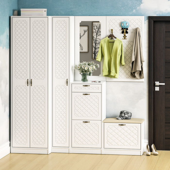 Прихожая П-6 Тумба для обуви 2 секции, цвет белая шагрень/фасады МДФ белое дерево фрезеровка ромб, ШхГхВ 50х35х108,3 см.