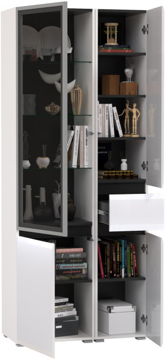 Сидней 13.202 Шкаф с ящиком + Шкаф-витрина 13.201, корпус: белый/чёрный/фасады: МДФ белый глянец/стекло