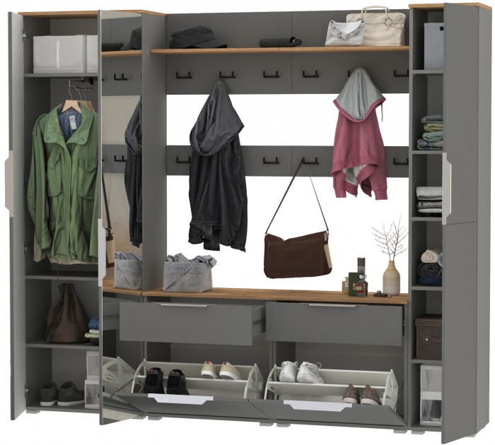 Октава Прихожая 33, цвет серый графит/дуб крафт золотой/фасады МДФ серый графит, ШхГхВ 226,4х35,4х197,6 см., универсальная сборка