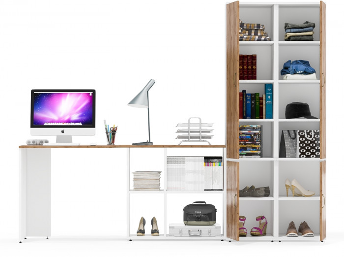 Лидер-8 Стол + Пенал МД 22Б + Пенал МД 22Б, белый шагрень/крафт золото