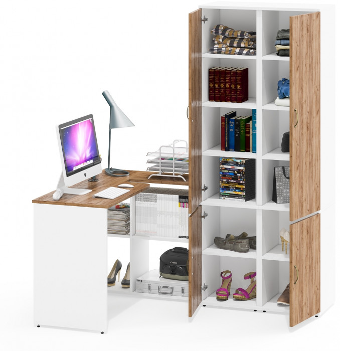 Лидер-8 Стол + Пенал МД 22Б + Пенал МД 22Б, белый шагрень/крафт золото