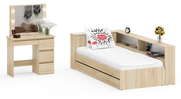 Ксения Кровать с ящиками 0900 + прикроватный блок + Столик с подсветкой Сура, дуб сонома