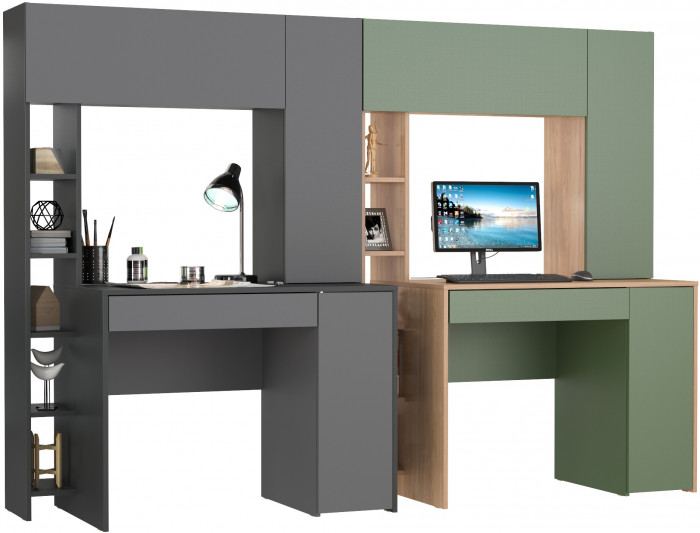 Два стола компьютерных Комфорт 12.71, цвет антрацит/тёмно-серый/гикори рокфорд натуральный/дымчатый зелёный, ШхГхВ 233,4х60,2х165,4 см., НЕ ун. сб.