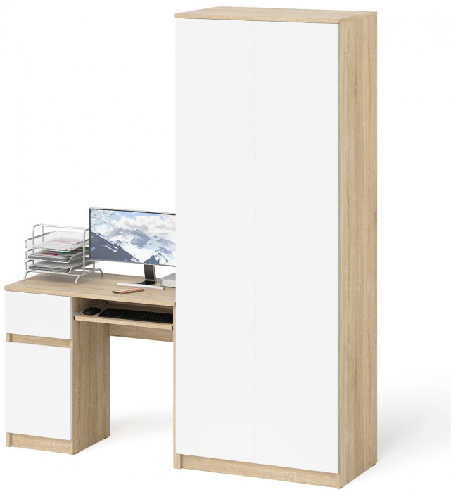 Мори компьютерный стол МС-1 левый + Шкаф МШ800.1, дуб сонома/белый