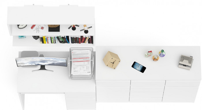 Мори Стол компьютерный МС-1 правый + Комод МК1200.4 + Полка 900, цвет белый, ШхГхВ 210,4х50х209,6 см., НЕ универсальная сборка