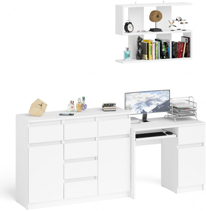 Мори Стол компьютерный МС-1 правый + Комод МК1200.4 + Полка 900, цвет белый, ШхГхВ 210,4х50х209,6 см., НЕ универсальная сборка