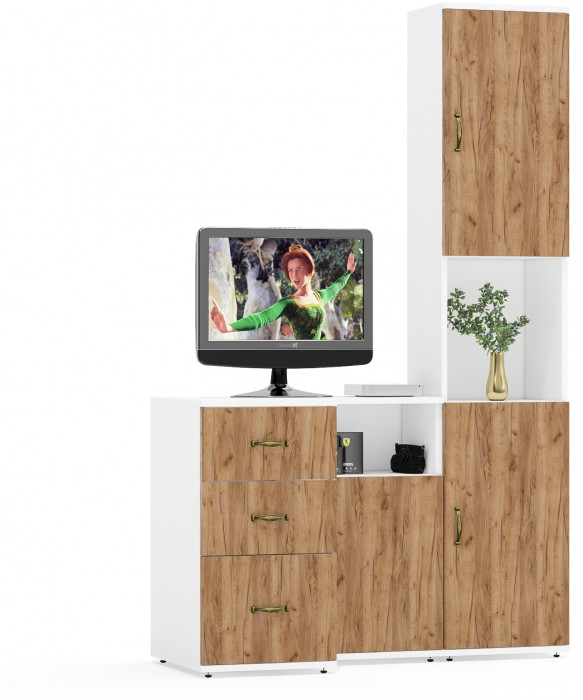 Лидер-8 Пенал + Тумба МД 3.16 + Тумба МД 3.19, цвет белый шагрень/крафт золото, ШхГхВ 120х50х190 см., универсальная сборка