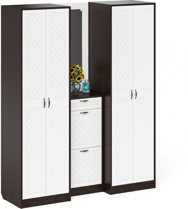 Прихожая П-6 Компоновка № 14, цвет венге/фасады МДФ белое дерево фрезеровка ромб, ШхГхВ 170х50х210 см., универсальная сборка