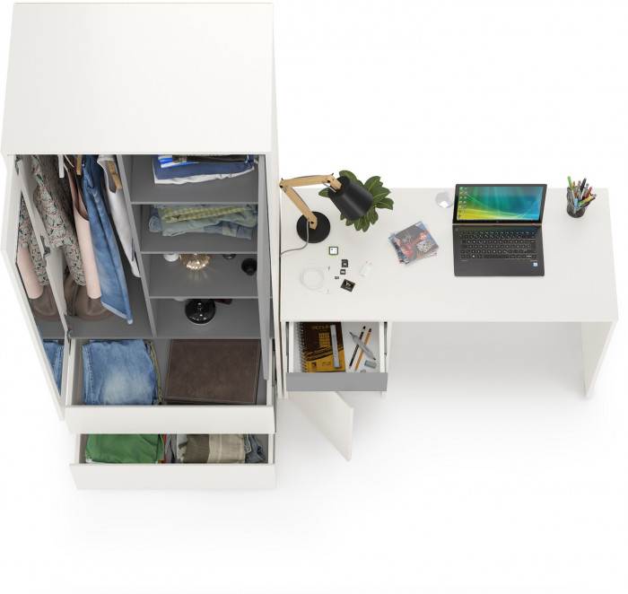 Торонто 12.149 Стол + 13.333 Шкаф для одежды, белый шагрень/стальной серый