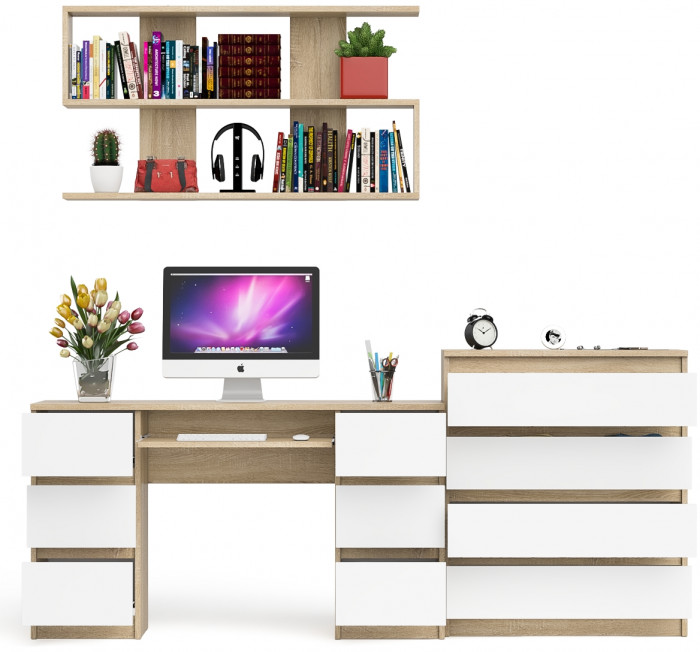 Мори компьютерный стол МС-2 + Комод МК800.4 + Полка 1200, дуб сонома/белый