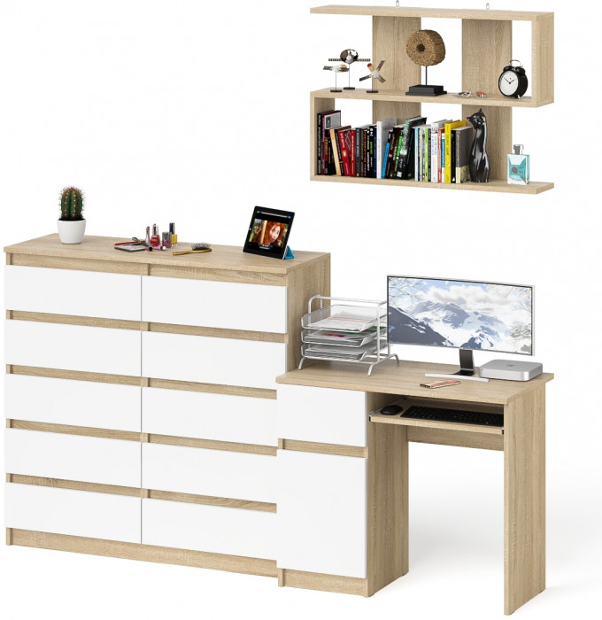 Мори Стол компьютерный МС-1 левый + Комод МК1200.10 + Полка 900, цвет дуб сонома/белый, ШхГхВ 210,4х50х209,6 см., НЕ универсальная сборка