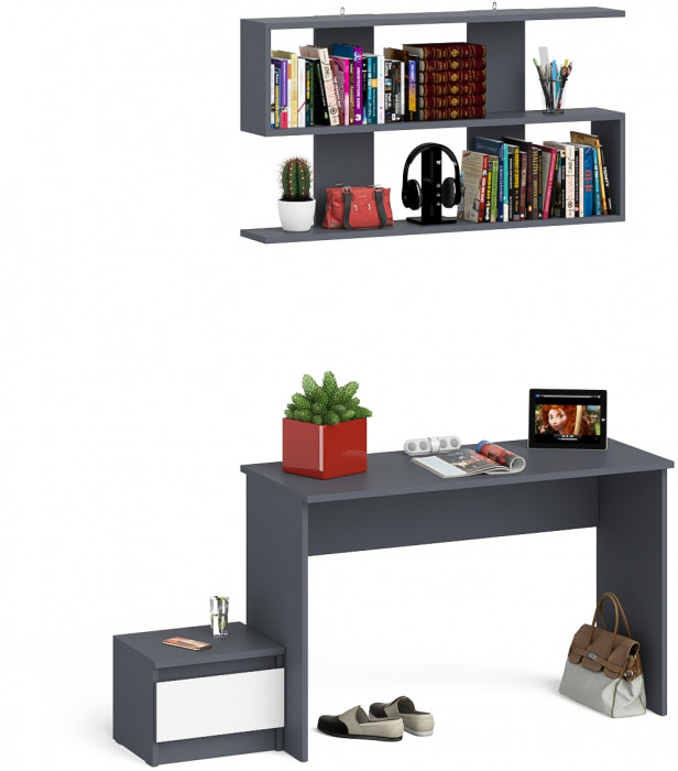 Мори Стол письменный МСП1200.1 + Тумба ТМП400.1 + Полка 1200, цвет графит/белый, ШхГхВ 160,8х50х209,6 см., универсальная сборка