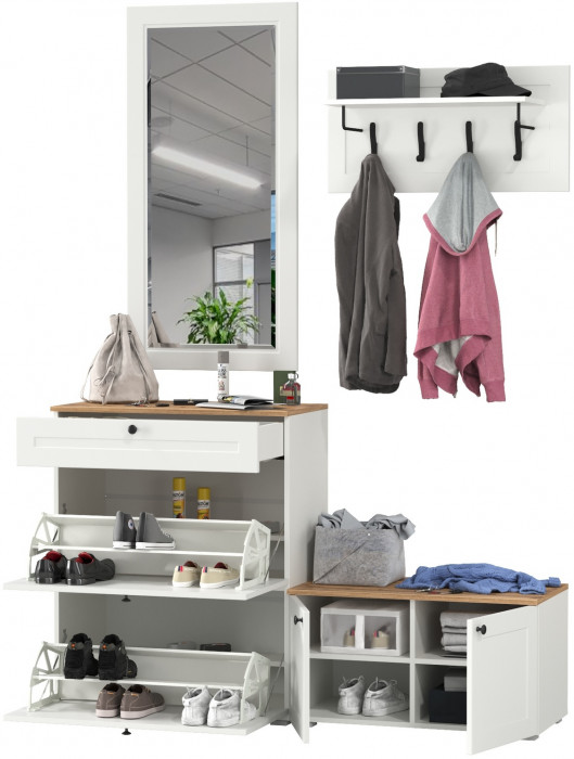 Остин Прихожая 44, цвет белый шагрень/дуб крафт золотой, ШхГхВ 160х41,9х210 см., универсальная сборка