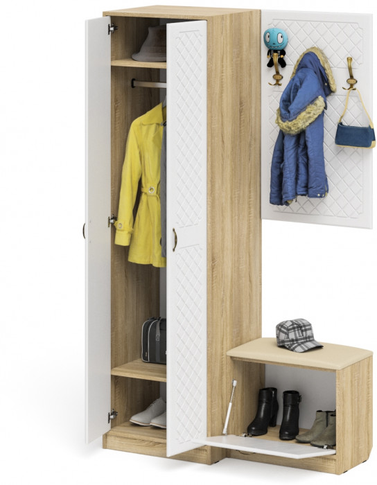 Прихожая П-6 Компоновка № 12, цвет дуб сонома/фасады МДФ белое дерево фрезеровка ромб, ШхГхВ 120х50х210 см., универсальная сборка