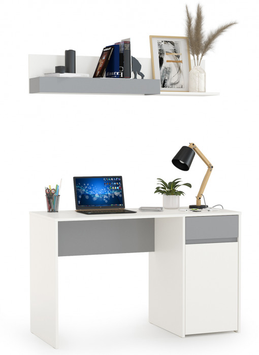 Торонто 12.149 Стол + 16.475 Полка, белый шагрень/стальной серый