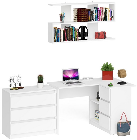 Мори компьютерный стол МС-16 правый + Комод МК800.1 + Полка 1200, белый
