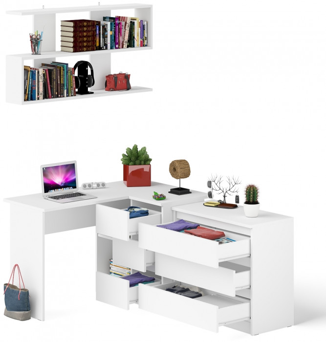 Мори компьютерный стол МС-16 правый + Комод МК800.1 + Полка 1200, белый