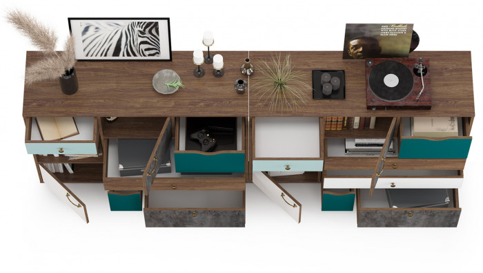 Вайс Комод 10.104 + Комод 10.104, цвет морское дерево винтаж/камень тёмный/бензин/мята/белый премиум, ШхГхВ 242,4х39,9х88,8 см., НЕ универс. сборка