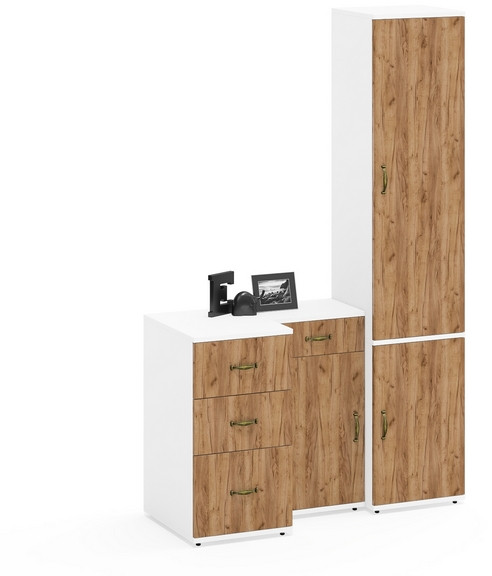 Лидер-8 Пенал МД 21Б + Тумба МД 3.15 + Тумба МД 3.16, белый шагрень/крафт золото