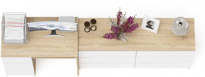 Мори компьютерный стол МС-1 левый + Комод МК1380.6, дуб сонома/белый