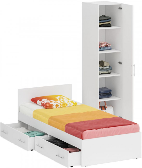 Кровать с ящиками 0900 + Пенал Стандарт, цвет белый, ШхГхВ 93,5х203,5х70 + 45х52х200 см., сп.м. 900х2000 мм., без матраса, основание есть